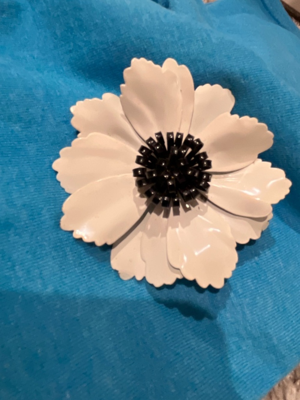 Vintage Metal White Flower Brooch with Black Center